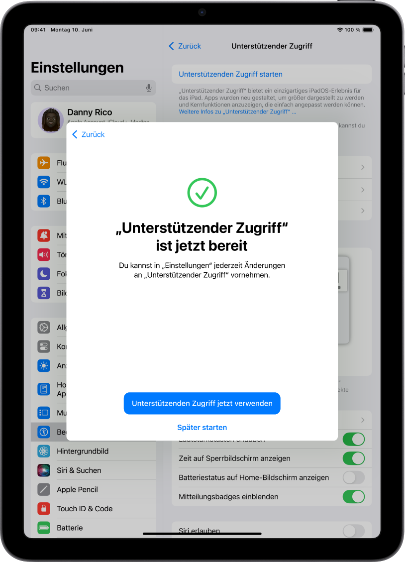 Ein iPad-Bildschirm auf dem angezeigt wird, dass „Unterstützender Zugriff“ einsatzbereit ist. Unten auf dem Bildschirm befindet sich eine Taste zum Starten von „Unterstützender Zugriff“.