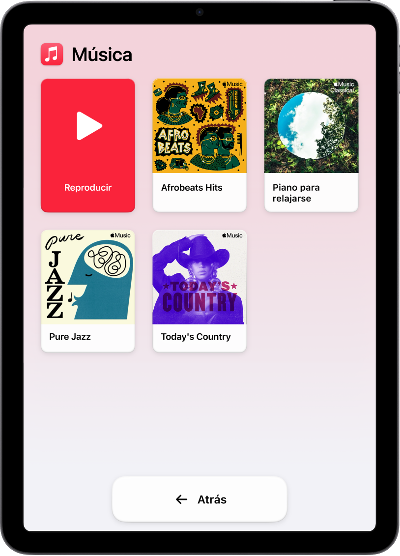 Un iPad en acceso asistido con la app Música abierta. El botón Reproducir está en la esquina superior izquierda de la pantalla, y el botón Atrás en la parte inferior. El centro de la pantalla muestra una cuadrícula grande con las playlists.