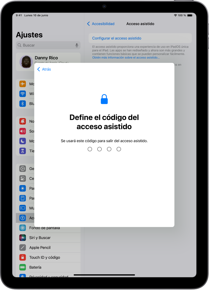 iPad con la pantalla para configurar el código del acceso asistido que se usa para activar y desactivar el acceso asistido.