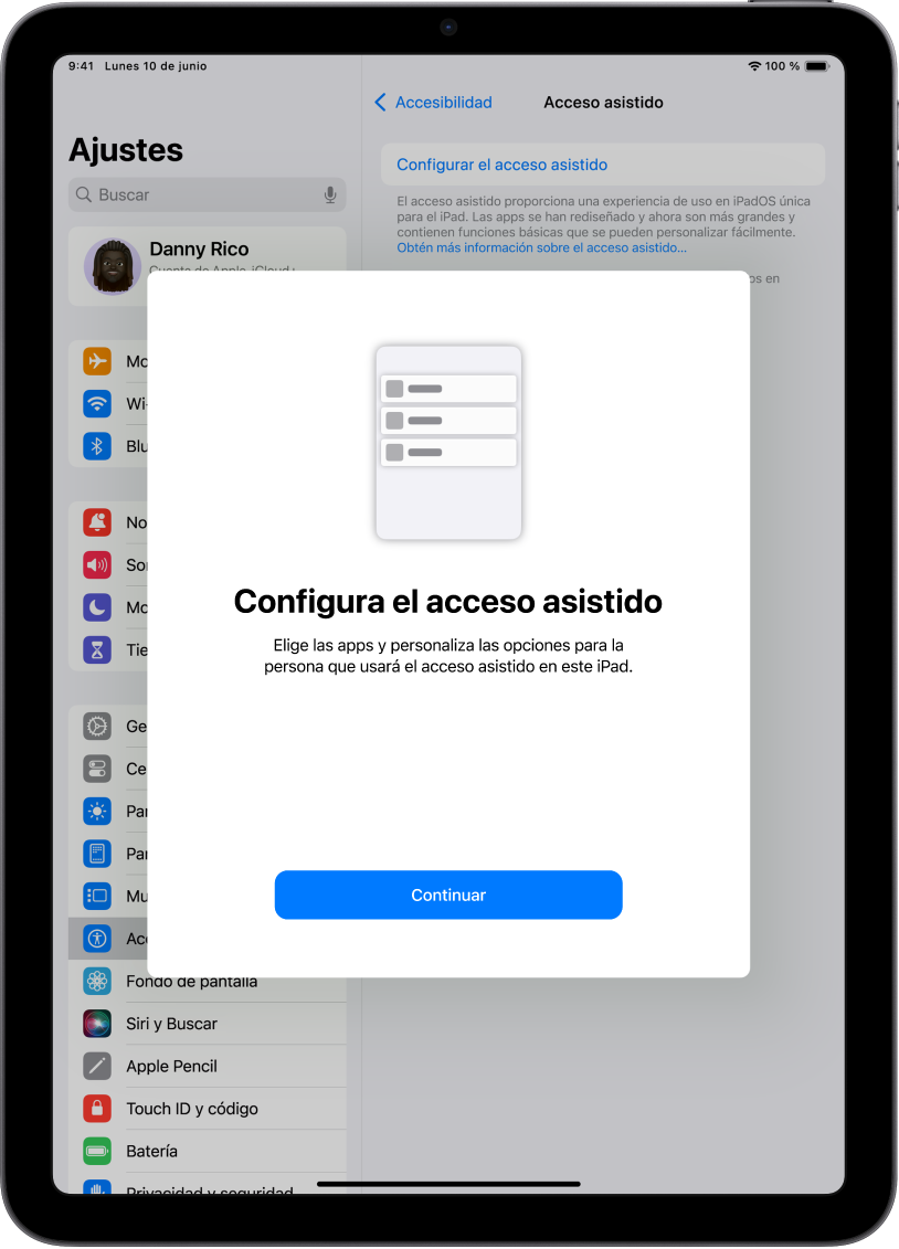 iPad con la pantalla de configuración del acceso asistido y el botón Continuar en la parte inferior.