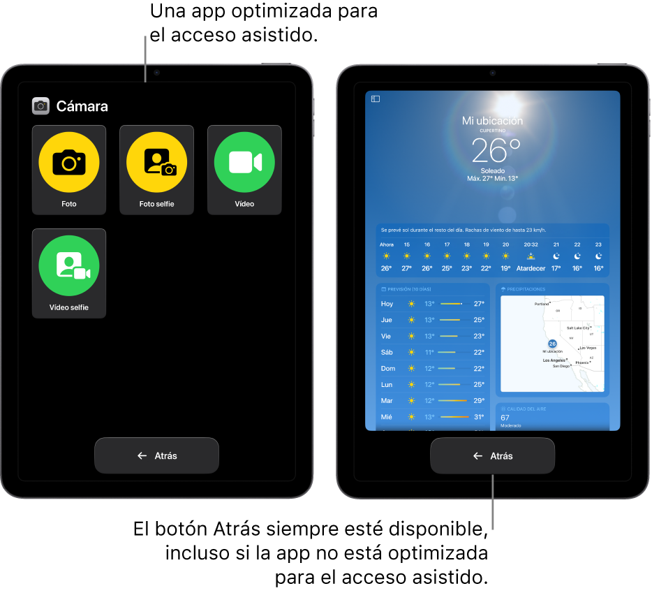 Dos pantallas de iPad en el modo de acceso asistido. Un iPad muestra una app diseñada para el acceso asistido con una cuadrícula grande de botones. El otro iPad muestra una app no diseñada para el acceso asistido con su diseño original. La app se muestra más pequeña en pantalla, con un botón Atrás grande en la parte inferior.