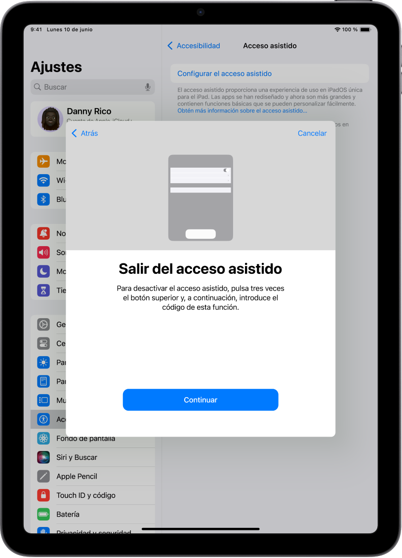 iPad con una pantalla que explica cómo desactivar el acceso asistido.