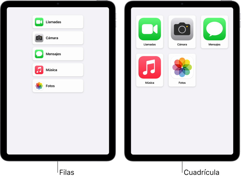Dos pantallas de iPad en el modo de acceso asistido. Uno muestra la pantalla de inicio con las apps en forma de lista con filas. El otro muestra las apps con iconos más grandes dispuestos en una cuadrícula.