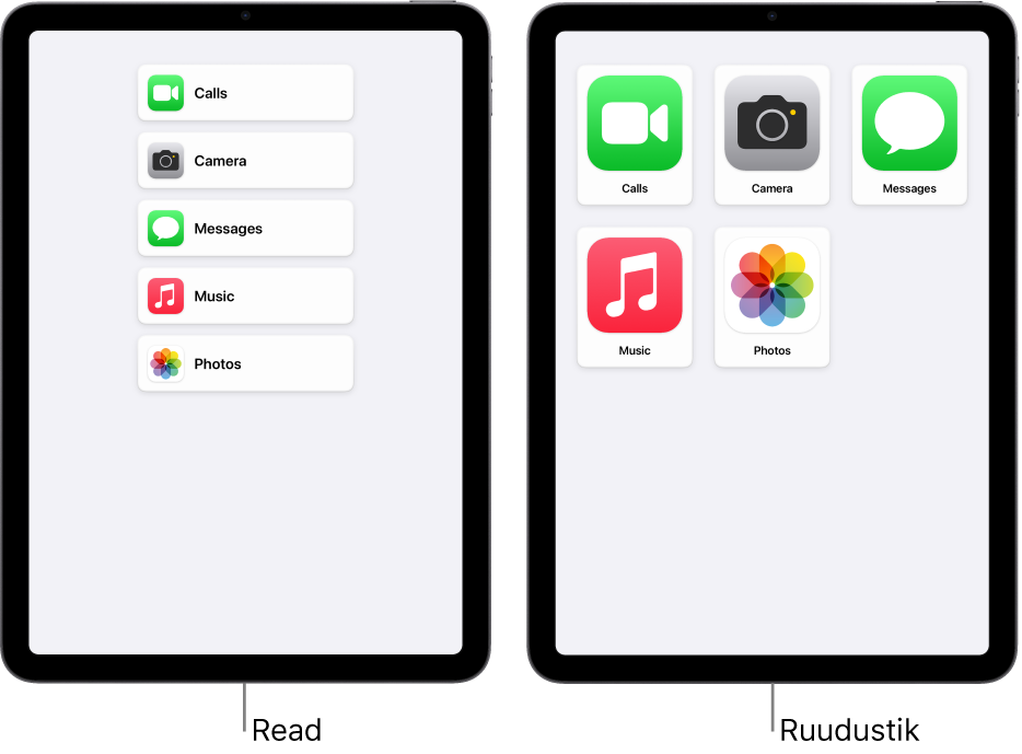 Kaks iPadi ekraani, milles kasutatakse Assistive Accessi. Ühes on Home Screen-kuva, mille rakendused on loendikujul. Teises on rakendused korrastatud suurelt ruudustikku.