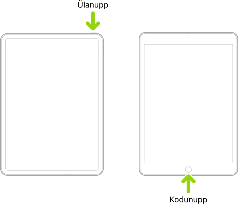 Üks iPad ülanupuga ja ilma kodunuputa ning teine iPad kodunupuga. Nooled on suunatud nuppude asukohtadele.