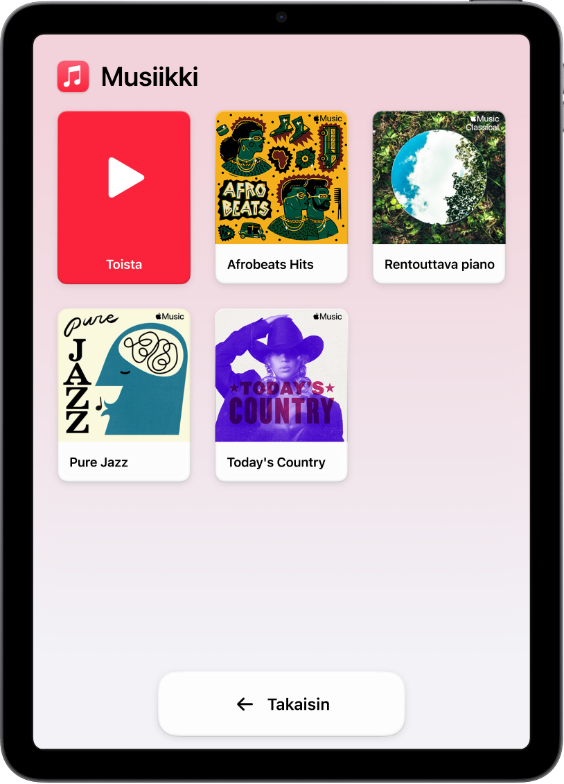Musiikki-appi auki iPadissa, jossa on päällä avustettu käyttö. Näytön vasemmassa yläkulmassa näkyy Toista-painike ja alareunassa Takaisin-painike. Näytön loppuosan täyttää suuri ruudukko, joka sisältää soittolistoja.