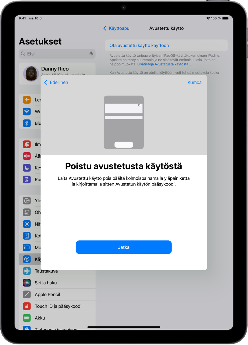 iPad, jonka näytöllä selitetään, miten avustetusta käytöstä poistutaan.