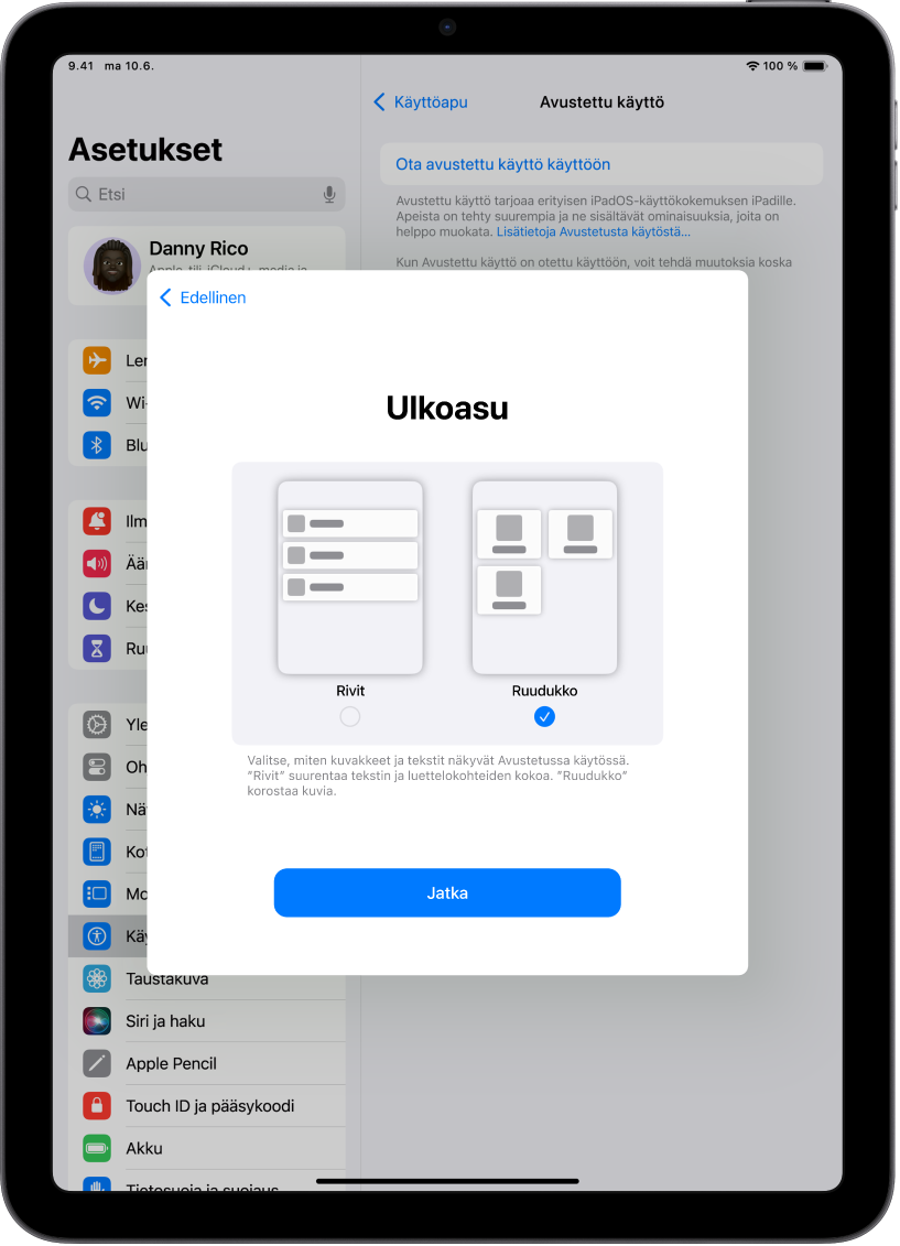 iPadissa otetaan käyttöön avustettu käyttö, jonka avulla voi valita, näytetäänkö sisältö helppolukuisena luettelona vai suurena ruudukkona, jossa korostuvat kuvat ja kuvakkeet.