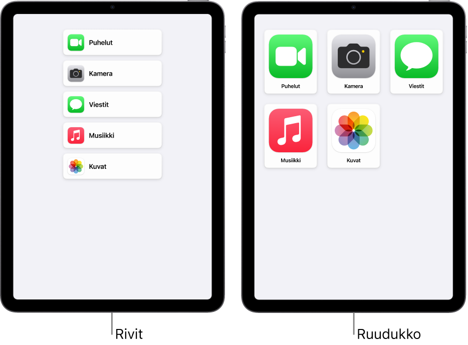 Kaksi iPadia, joiden näytöissä on päällä avustettu käyttö. Yhdessä on avoinna Koti-valikko, jossa apit luetellaan rivi kerrallaan. Toisessa on suuremmat appikuvakkeet, jotka näytetään ruudukkoon järjestettynä.