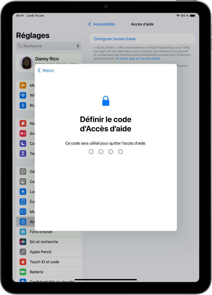 Un iPad présentant l’écran de configuration du code Accès d’aide qui sert à activer et à quitter la fonctionnalité Accès d’aide.