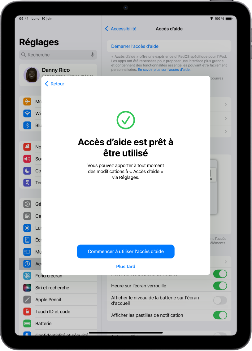 Un iPad montrant qu’« Accès d’aide » est prêt à être utilisé avec un bouton en bas pour activer la fonctionnalité Accès d’aide.