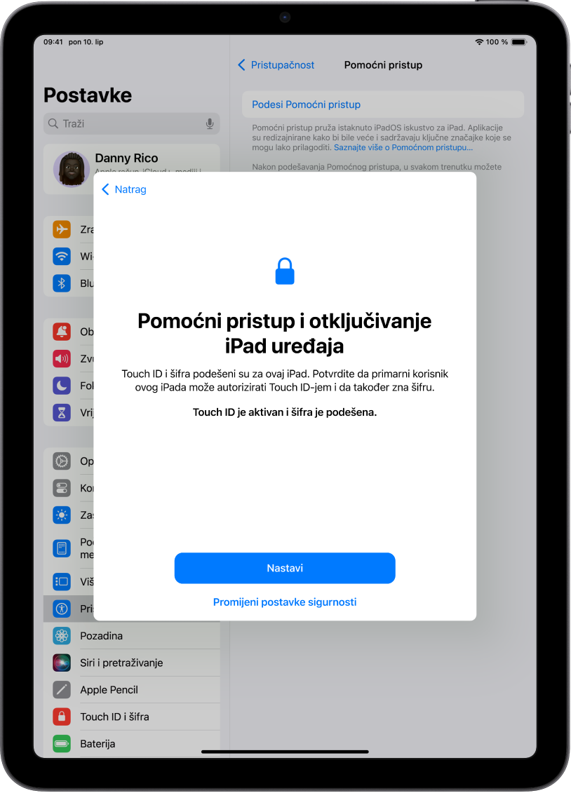 iPad sa zaslonom koji od pouzdanog pomagača zahtijeva potvrdu da osoba koja koristi uređaj zna šifru uređaja.