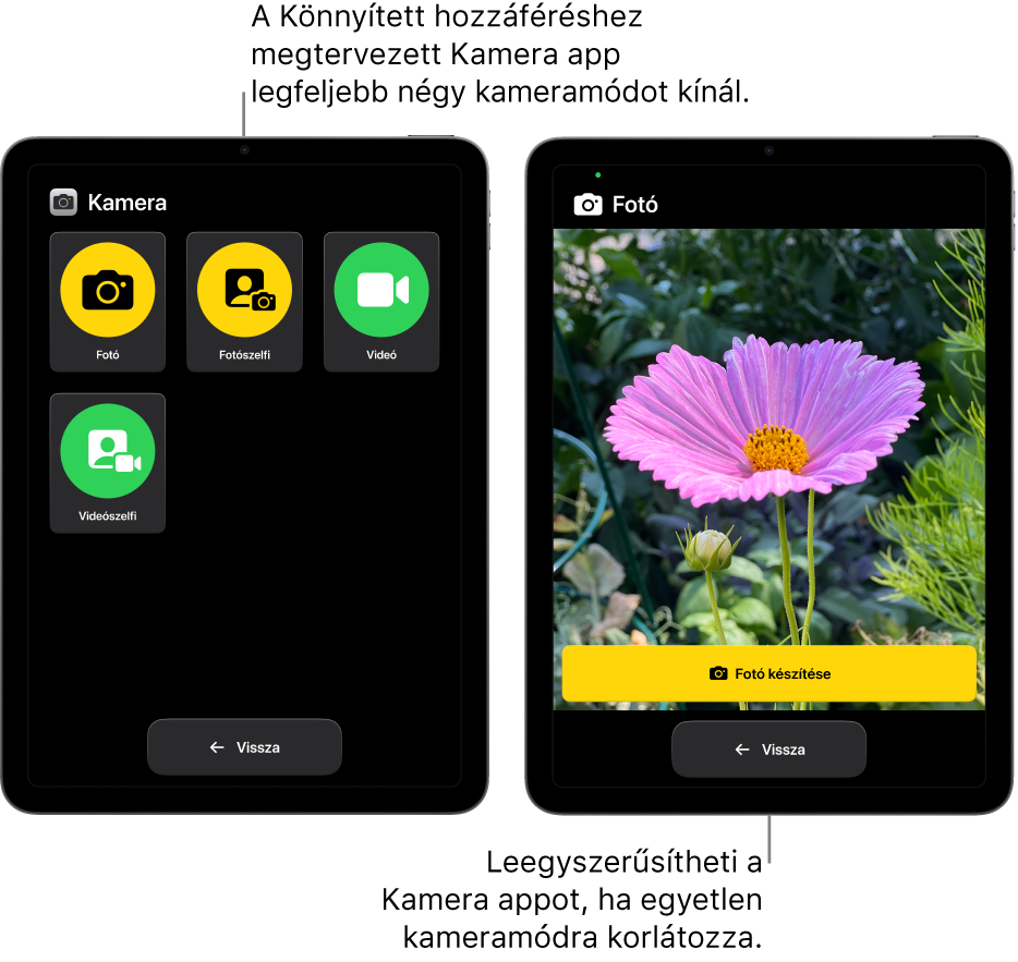 Két iPad képernyője a Könnyített hozzáféréssel. Az egyik iPaden a Kamera app látható különféle választható kameramódokkal, például a Videó és a Fotószelfi móddal. A másik iPaden a Kamera app egyetlen fotózási móddal látható.