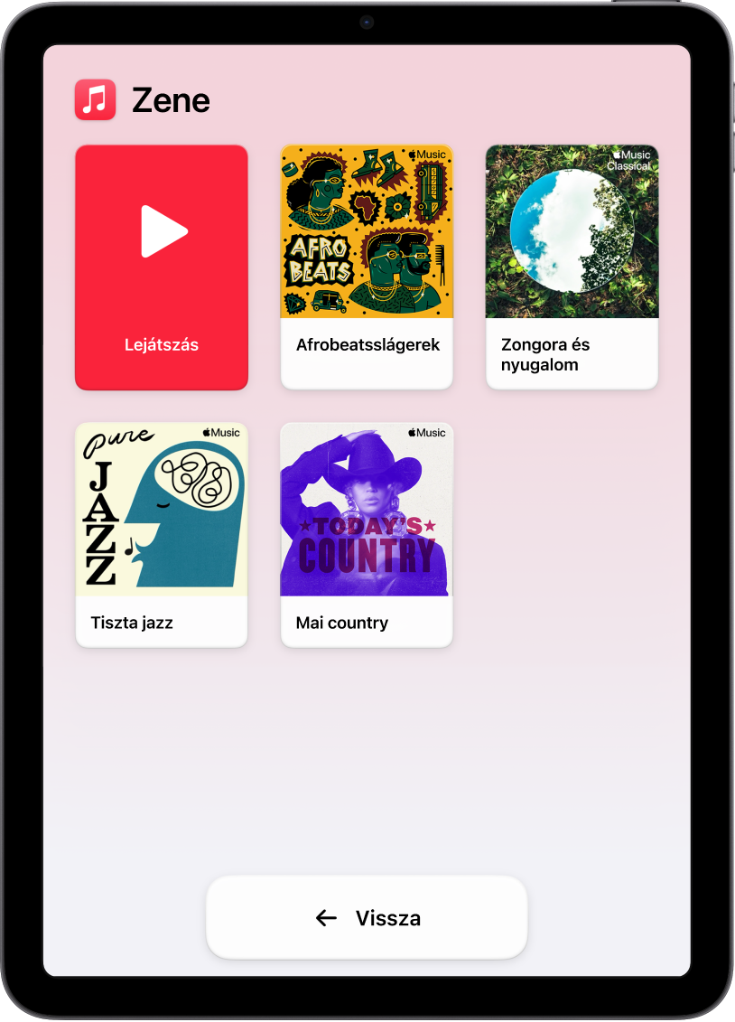 Egy Könnyített hozzáférés módban lévő iPad, amelyen a Zene app van megnyitva. A Lejátszás gomb a képernyő bal felső sarkában található, a Vissza gomb pedig a képernyő alján. A képernyő többi részét egy lejátszási listákat tartalmazó, nagy méretű rács tölti ki.