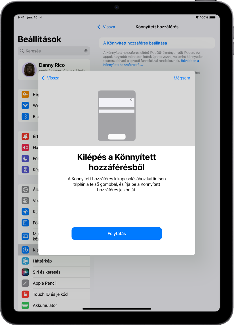 Egy iPad képernyője, amely a Könnyített hozzáférésből való kilépést ismerteti.