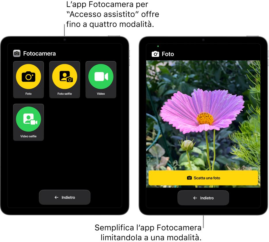 Due schermi di iPad in modalità “Accesso assistito”. Un iPad mostra l’app Fotocamera con le modalità a disposizione dell’utente, come Video o “Foto selfie”. L’altro iPad mostra l’app Fotocamera con una sola modalità per scattare le foto.