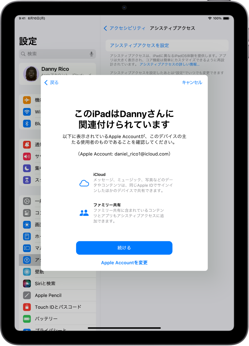 デバイスに関連付けられているApple Accountと、アシスティブアクセスで使用できるiCloudとファミリー共有機能に関する情報が表示されていiPad。