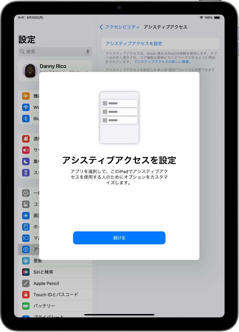 アシスティブアクセスの設定画面が表示されているiPad。下部に「続ける」ボタンがあります。