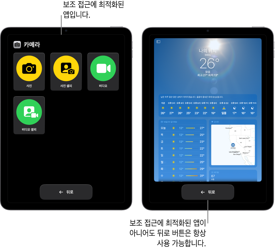 보조 접근을 사용 중인 두 개의 iPad 화면. 한 iPad에 보조 접근을 위해 디자인된 앱이 표시되어 있으며 버튼이 큰 격자로 나타남. 다른 iPad에는 보조 접근을 위해 제작되지 않은 앱이 원래 디자인으로 표시됨. 앱이 화면에 작게 표시되며 하단에 커다란 뒤로 버튼이 있음.
