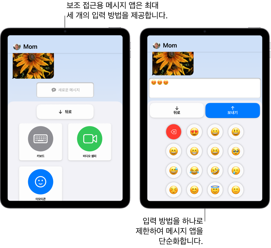 보조 접근을 사용 중인 두 개의 iPad 화면. 한 iPad에는 키보드 또는 비디오 셀피와 같이 사용자가 선택할 수 있는 입력기가 나타난 메시지 앱이 표시됨. 다른 하나에는 이모티콘 전용 키보드를 사용하여 전송 중인 메시지가 표시됨.