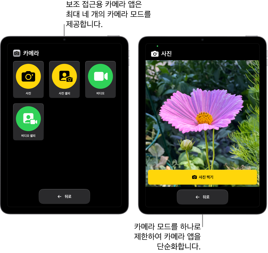 보조 접근을 사용 중인 두 개의 iPad 화면. 한 iPad에는 비디오 또는 사진 셀피와 같이 사용자가 선택할 수 있는 카메라 모드가 나타난 카메라 앱이 표시되어 있음. 다른 iPad에는 사진을 찍기 위한 단일 모드가 나타난 카메라 앱이 표시됨.