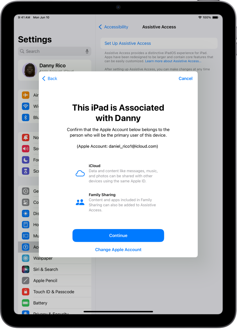 „iPad“ įrenginyje rodoma su įrenginiu susieta „Apple“ paskyra ir informacija apie „iCloud“ bei „Family Sharing“ funkcijas, kurias galima naudoti įjungus režimą „Assistive Access“.