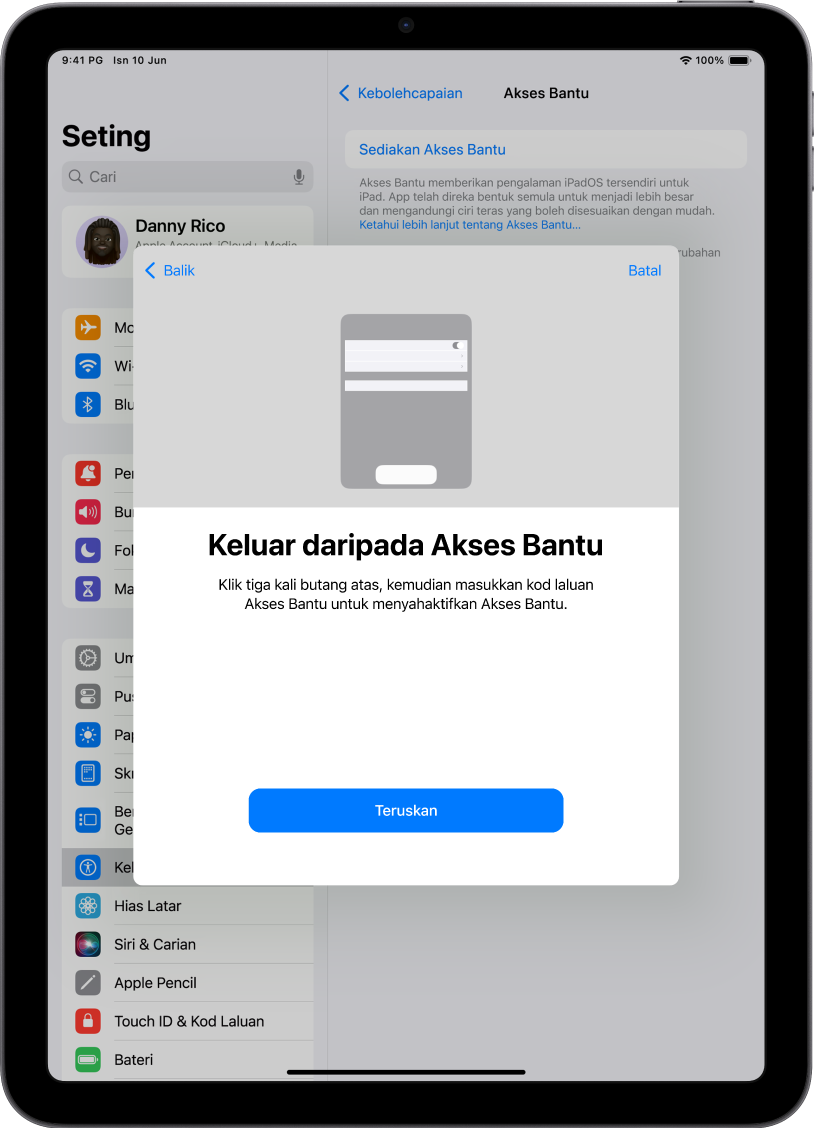 iPad dengan skrin yang menerangkan cara untuk keluar daripada Akses Bantu.