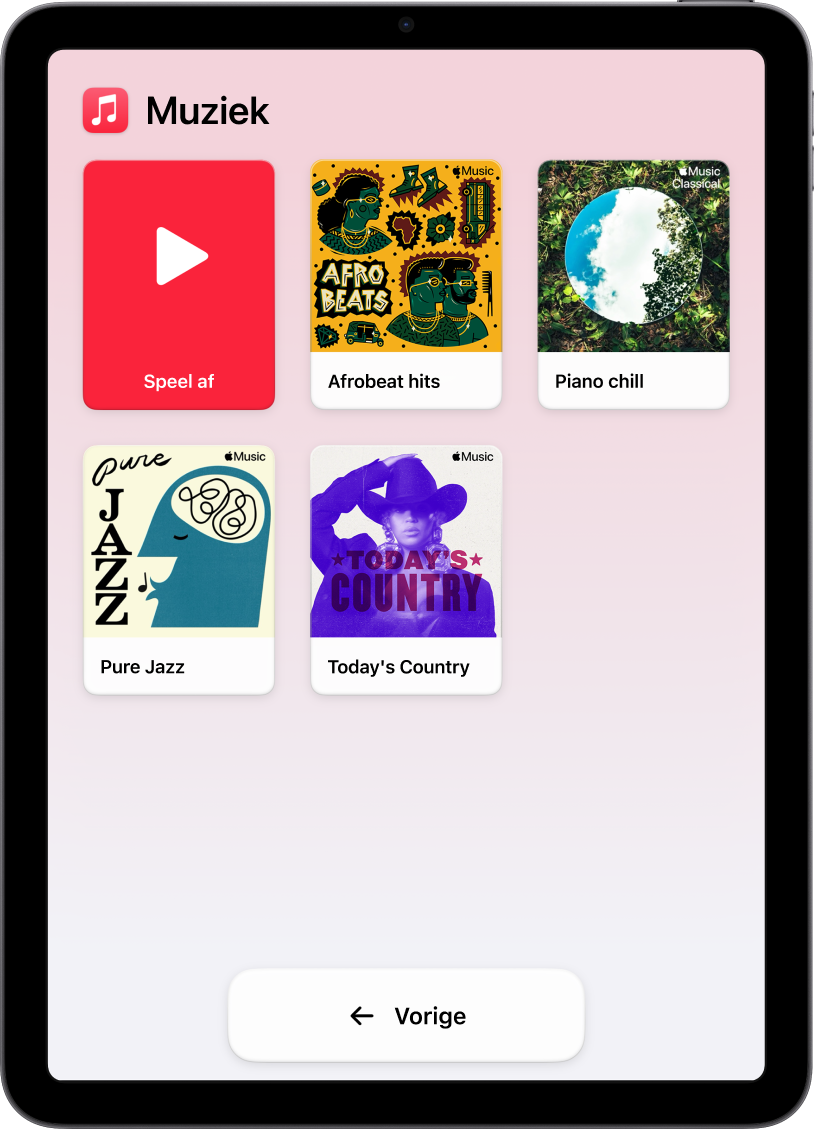 Een iPad met hulpbedieningstoegang, waarop de Muziek-app is geopend. Linksboven in het scherm zie je de knop 'Speel af' en onder in het scherm staat de knop 'Vorige'. De rest van het scherm is gevuld met een groot raster met afspeellijsten.
