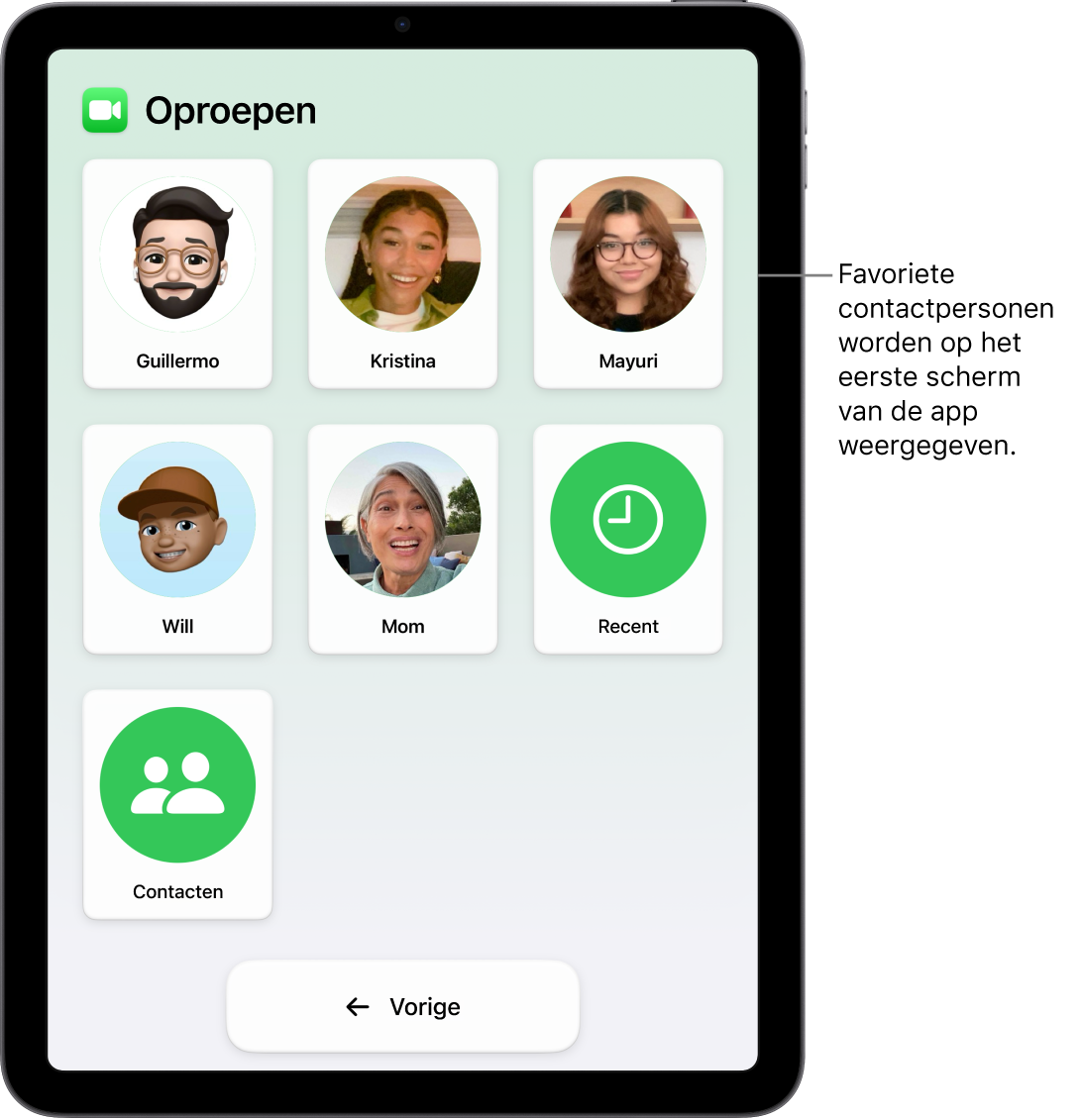 Een iPad met hulpbedieningstoegang, waarop de Oproepen-app is geopend en waarop een groot raster met foto's en namen van contactpersonen te zien is.