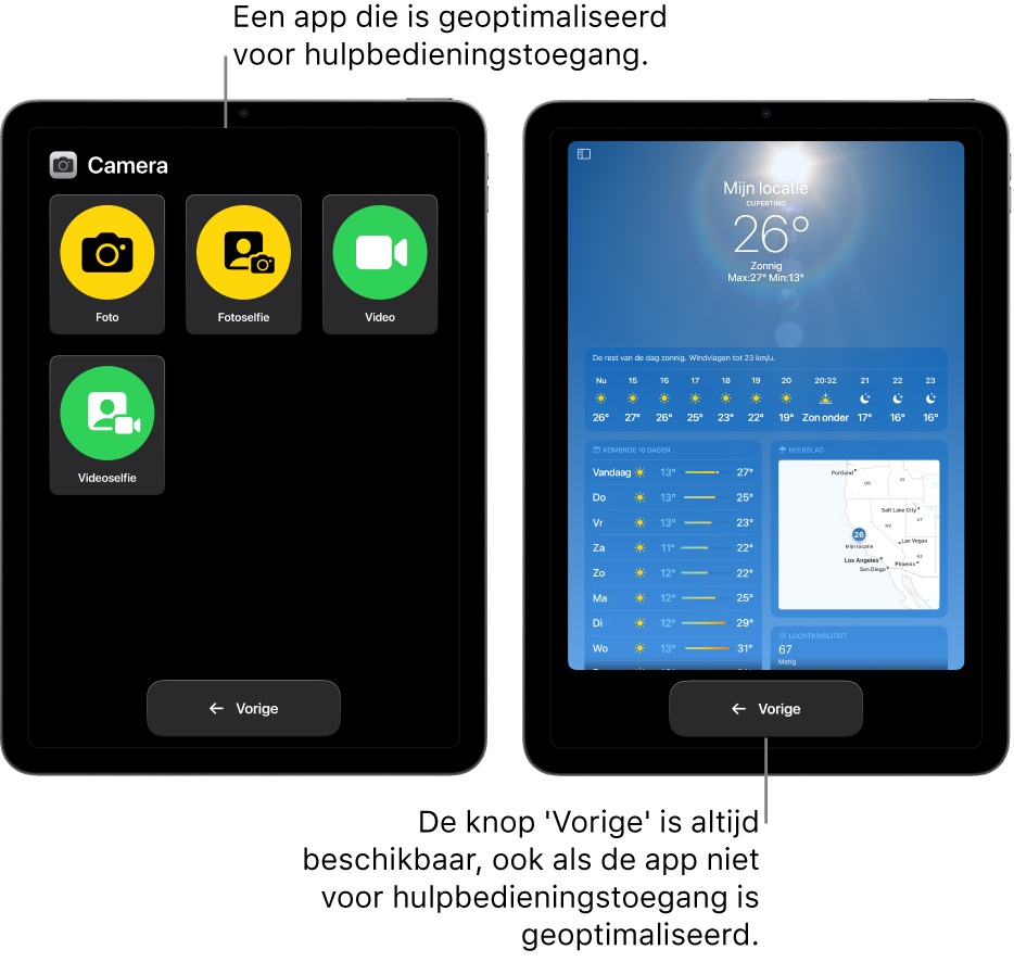 Twee iPad-schermen in hulpbedieningstoegang. Op de ene iPad zie je een app die voor hulpbedieningstoegang is ontworpen, met een groot raster met knoppen. Op de andere iPad is een app te zien die niet voor hulpbedieningstoegang is ontwikkeld en zijn oorspronkelijke ontwerp heeft. De app wordt verkleind op het scherm weergegeven en er staat een grote knop 'Vorige' onder in het scherm.