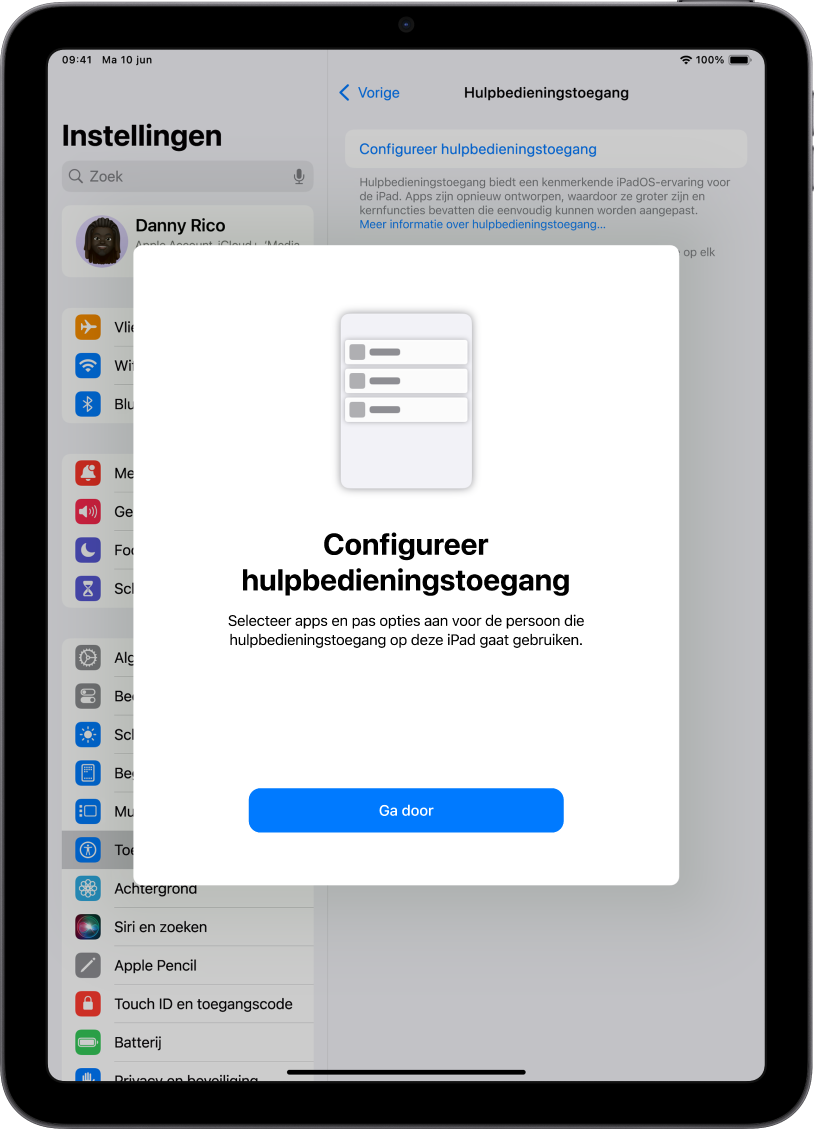 Een iPad met het configuratiescherm van hulpbedieningstoegang en de knop 'Ga door' onder in het scherm.