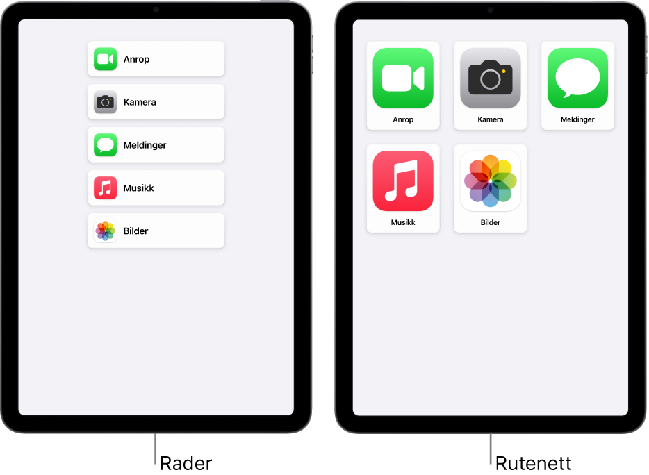 To iPad-skjermer i Assistert tilgang. Den ene viser Hjem-skjermen med apper i en rad. Den andre viser større apper i et rutenett.