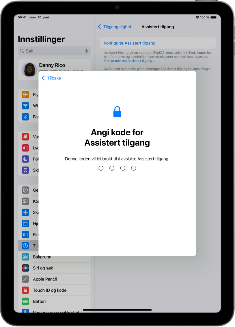 En iPad som viser skjermen for å angi koden for Assistert tilgang som skal brukes når man går inn og ut av Assistert tilgang.