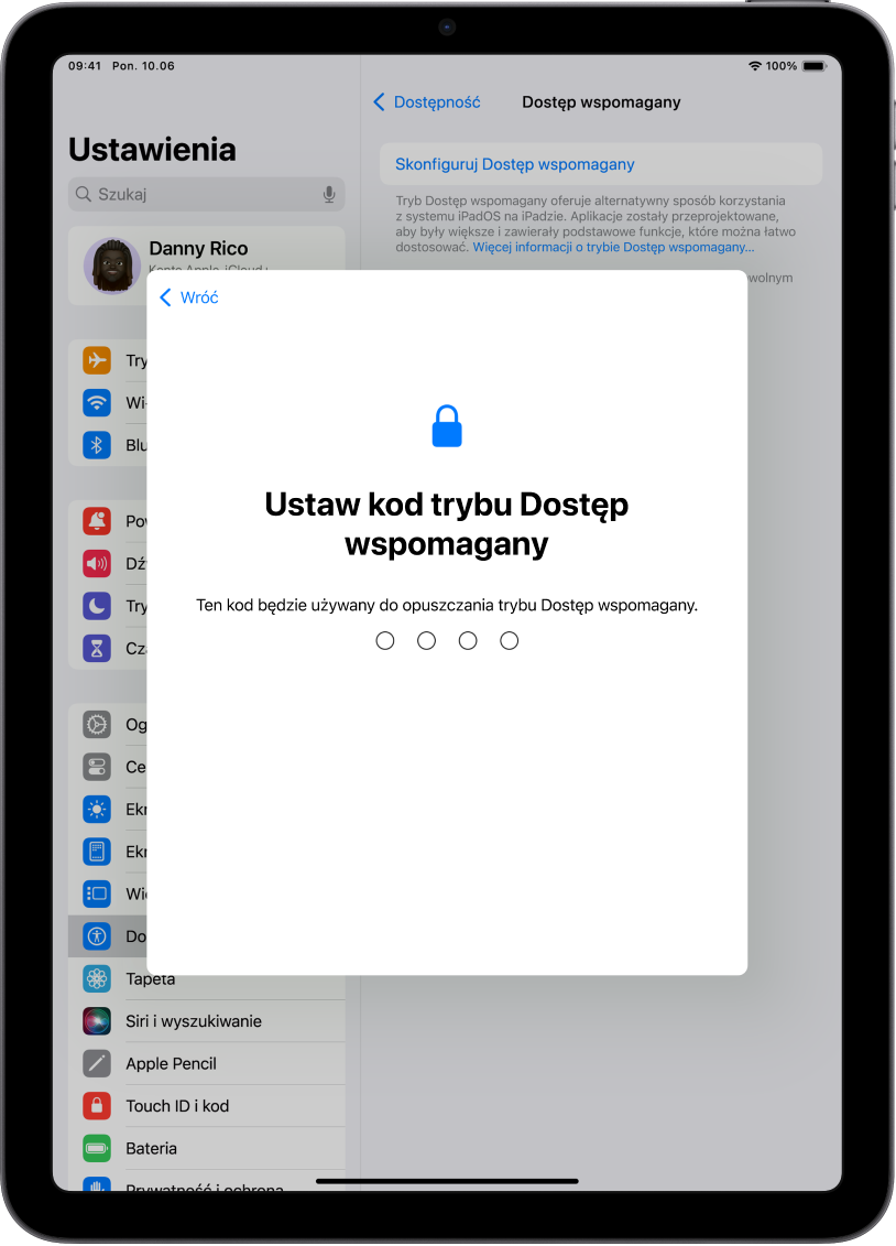 iPad wyświetlający ekran ustawiania kodu używanego podczas uruchamiania i opuszczania trybu Dostęp wspomagany.