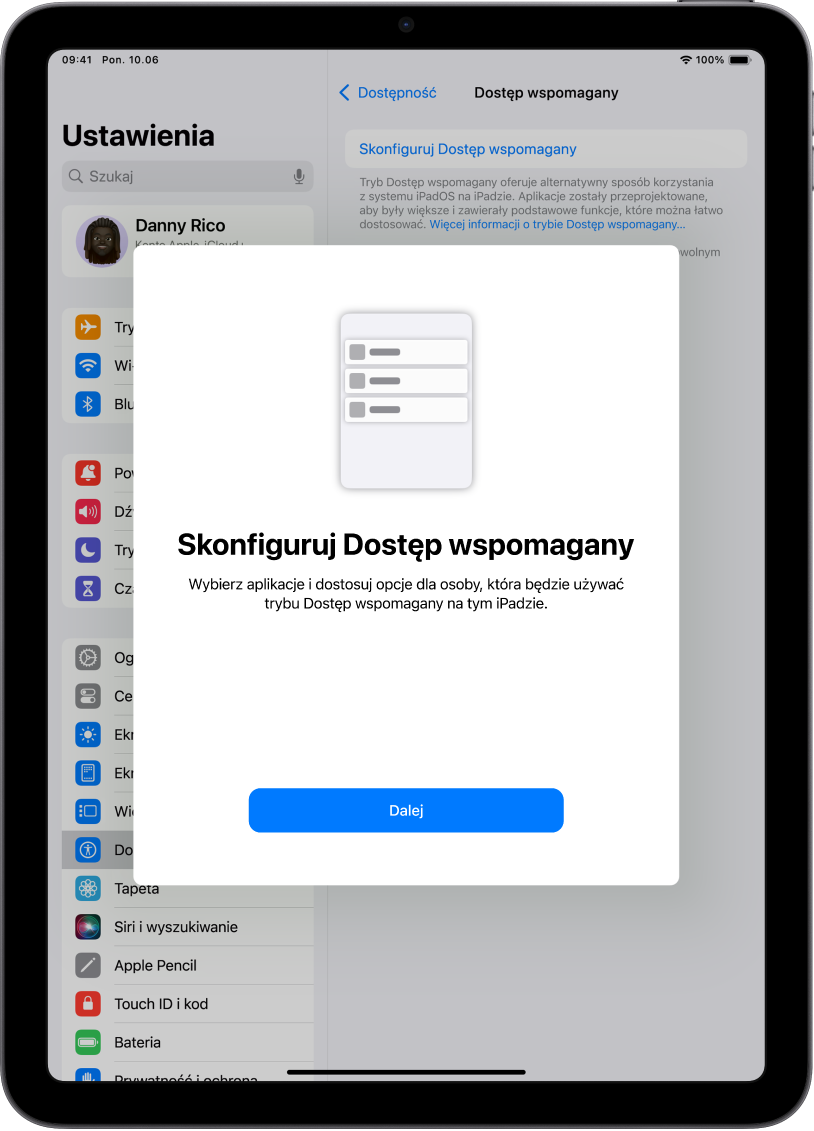 iPad wyświetlający ekran konfiguracji trybu Dostęp wspomagany z przyciskiem Kontynuuj u dołu.