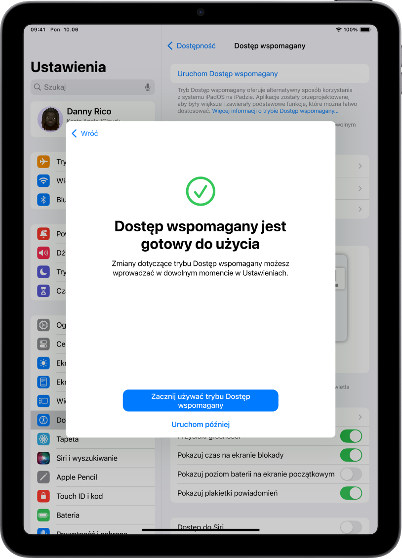 iPad wyświetlający informację o gotowości do użycia trybu Dostęp wspomagany, z przyciskiem u dołu umożliwiającym przejście do trybu Dostęp wspomagany.