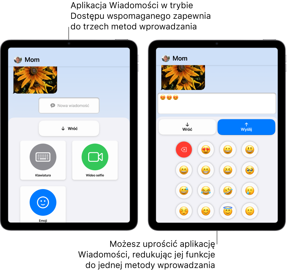 Dwa ekrany iPada z trybem Dostęp wspomagany Jeden iPad wyświetlający aplikację Wiadomości z metodami wprowadzania do wyboru przez użytkownika, takimi jak Klawiatura i Wideo selfie. Drugi wyświetlający wiadomość wysyłaną za pomocą klawiatury z samymi ikonami emoji.