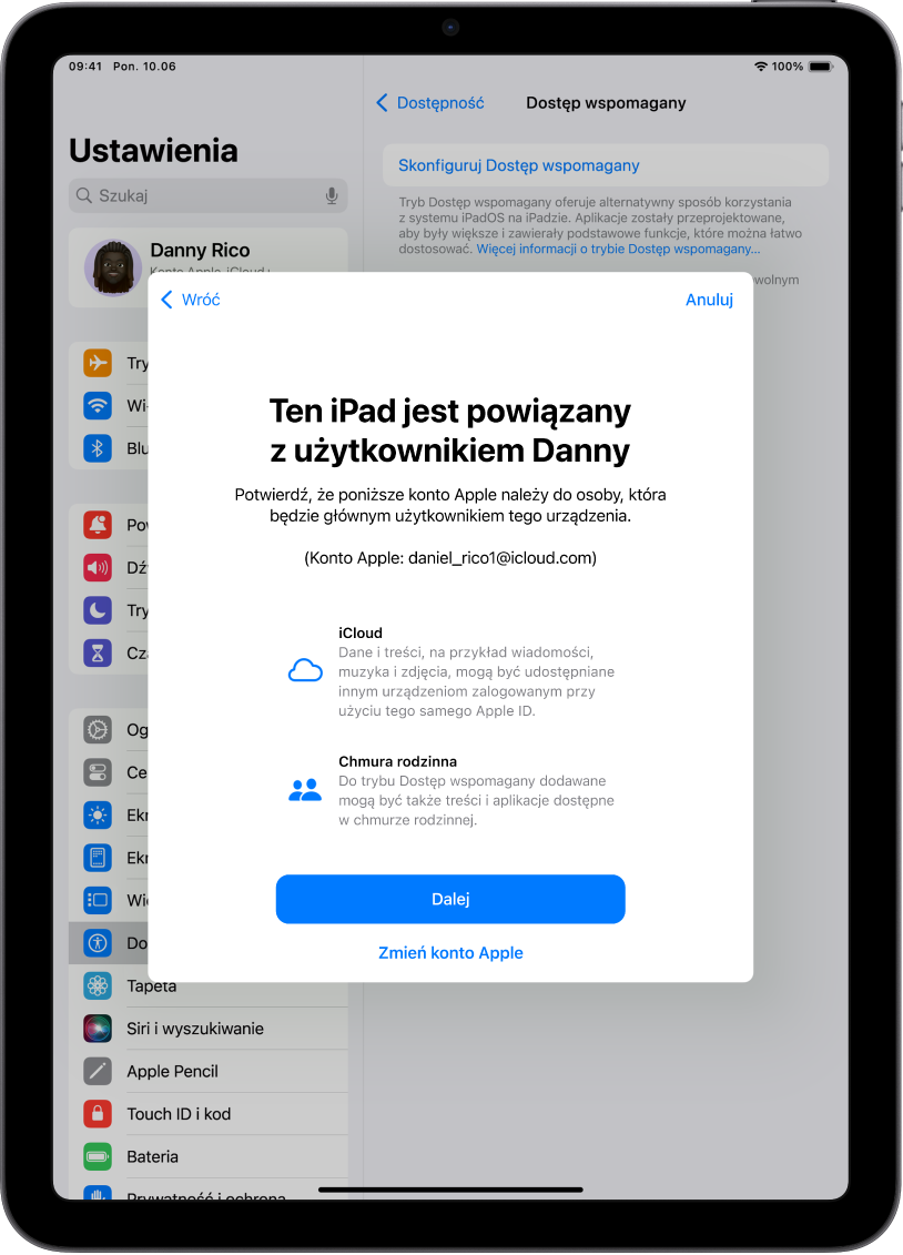 iPad wyświetlający konto Apple powiązane z urządzeniem oraz informacje o usłudze iCloud i funkcjach Chmury rodzinnej, których można używać z trybem Dostęp wspomagany.