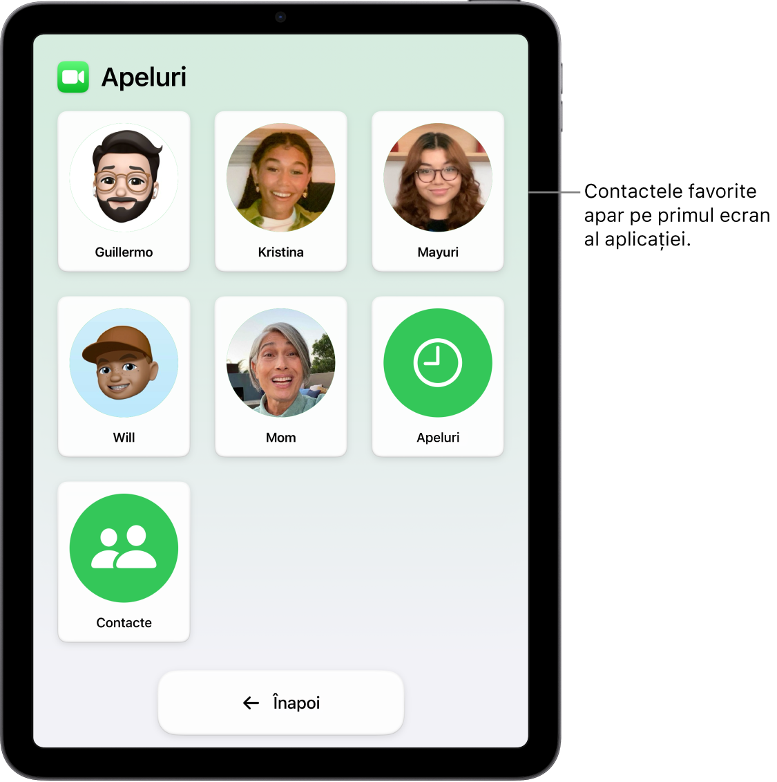 Un iPad în modul Acces asistiv, cu aplicația Apeluri deschisă, afișând o grilă mare cu poze și nume ale contactelor.