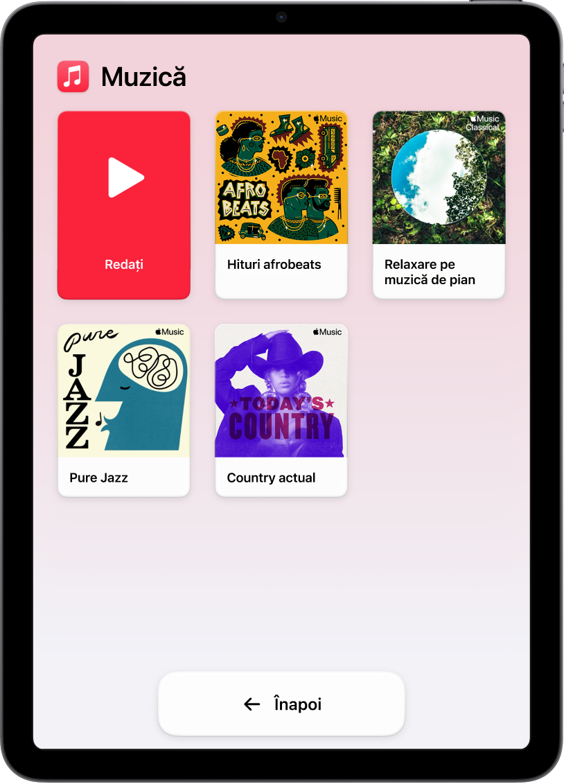 Un iPad în modul Acces asistiv cu aplicația Muzică deschisă. Butonul de redare se află în colțul din stânga sus al ecranului și butonul Înapoi este în partea de jos. O grilă mare cu liste de redare umple restul ecranului.