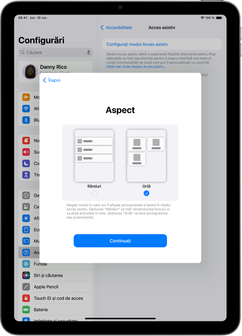 Un iPad în curs de configurare pentru modul Acces asistiv, cu opțiuni pentru afișarea conținutului în liste ușor de citit sau într‑o grilă mare, care accentuează imaginile și pictogramele.