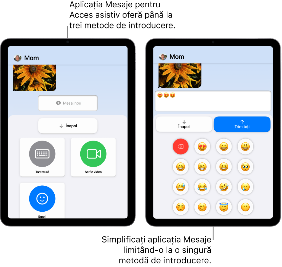 Două ecrane de iPad în modul Acces asistiv. Un iPad afișează aplicația Mesaje cu metode de introducere dintre care poate alege utilizatorul (de exemplu, Tastatură sau Selfie video). Celălalt afișează un mesaj care este trimis utilizând o tastatură doar cu emojiuri.