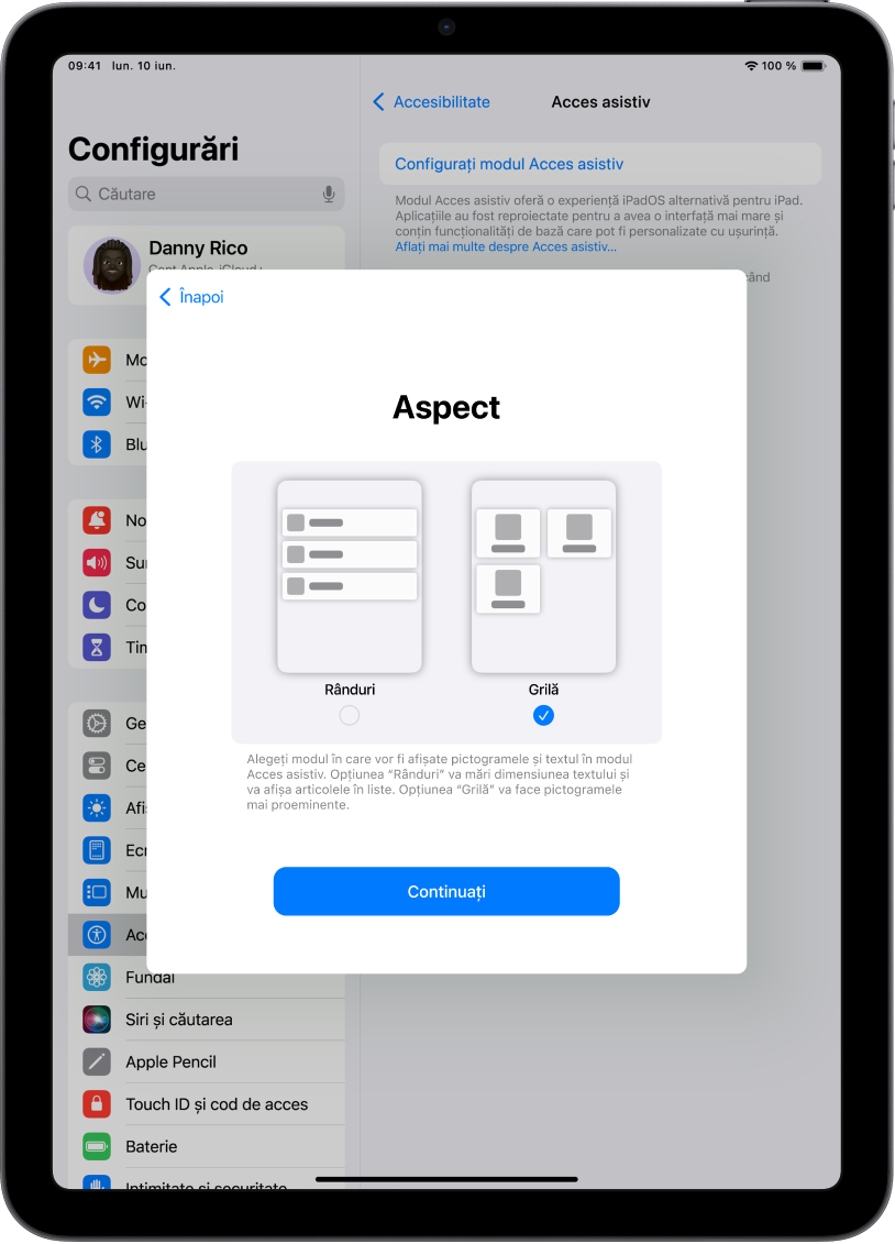 Un iPad în curs de configurare pentru modul Acces asistiv, cu opțiuni pentru afișarea conținutului în liste ușor de citit sau într‑o grilă mare, care accentuează imaginile și pictogramele.
