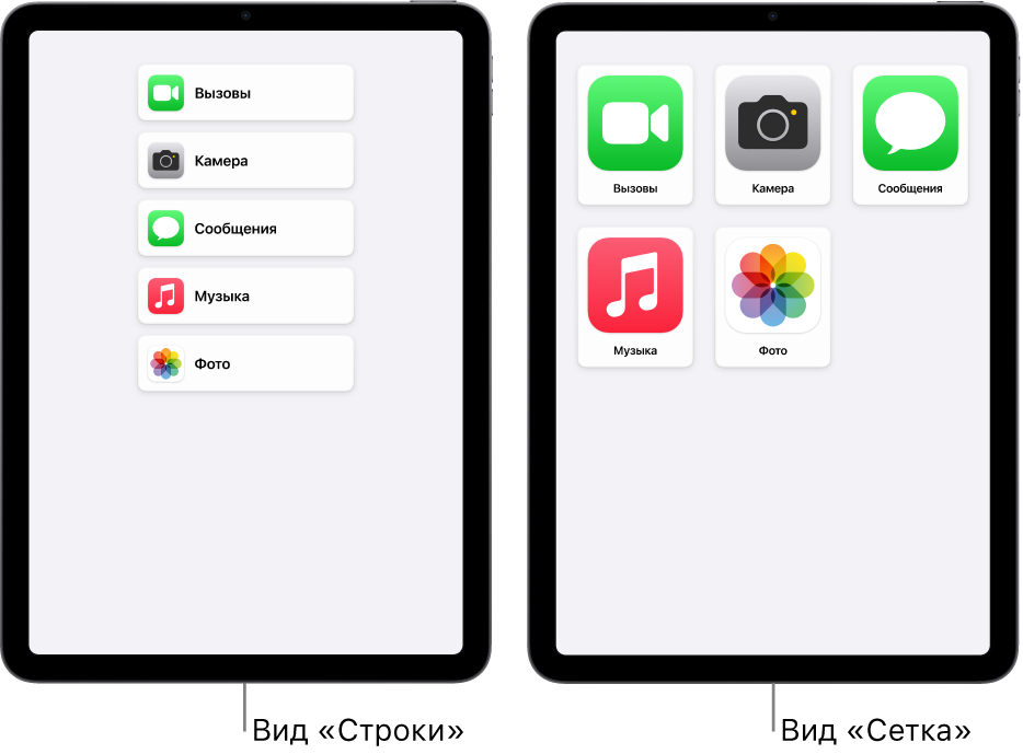 Показаны два iPad в режиме Упрощенного доступа. На экране «Домой» одного устройства приложения перечислены в виде списка. На экране другого устройства крупные значки приложений представлены в виде сетки.