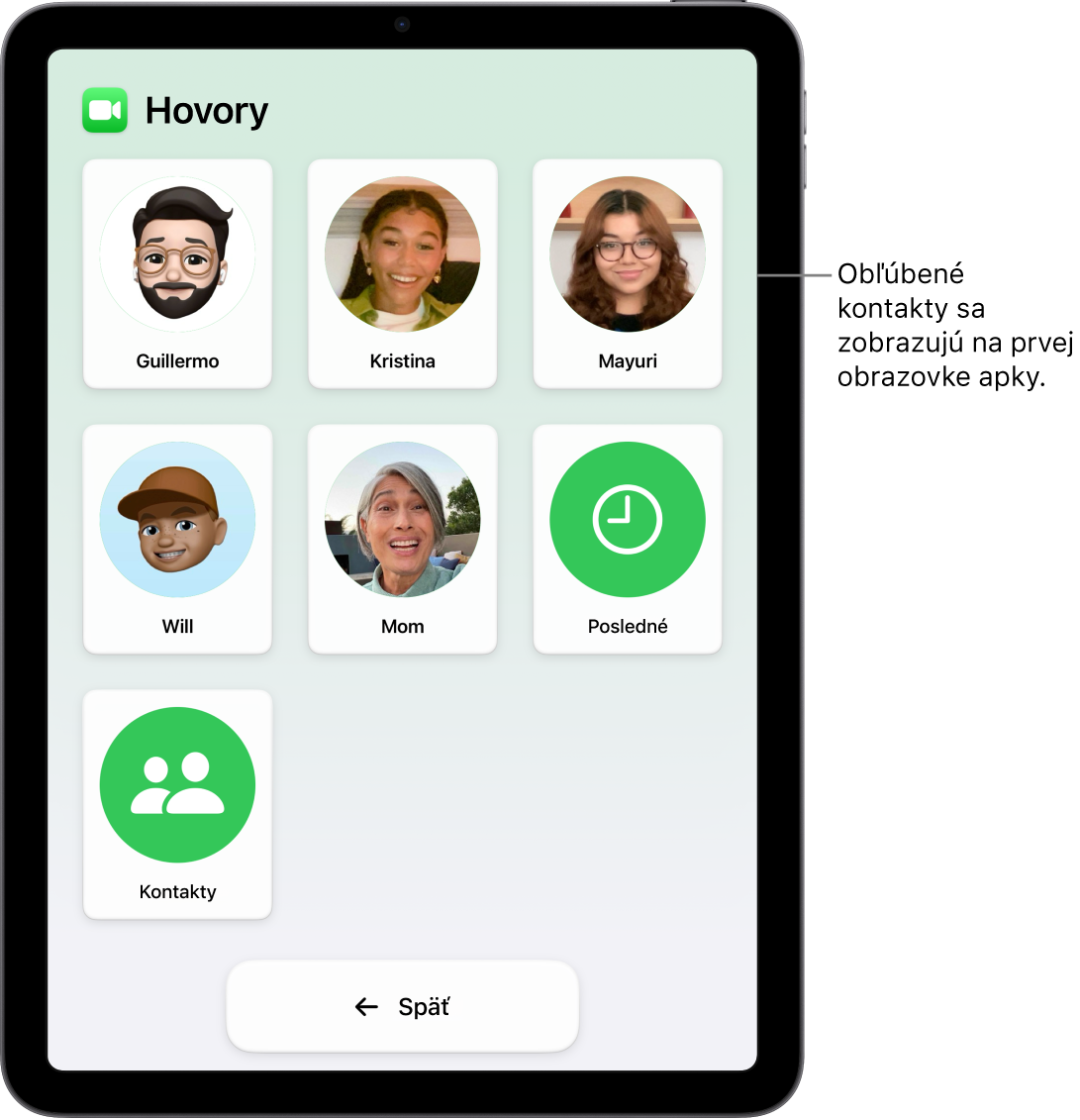 Na iPade v režime asistenčného prístupu je otvorená apka Hovory, v ktorej sa zobrazujú fotky a mená kontaktov v mriežke.