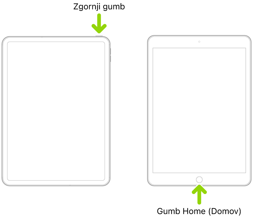 iPad z zgornjim gumbom in brez gumba Home ter iPad z gumbom Home. Puščica kaže na lokacijo vsakega gumba.