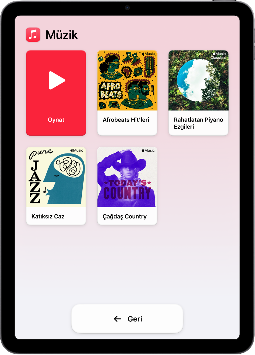Müzik uygulaması açık olarak Yardımcı Erişim’de bir iPad. Çal düğmesi ekranın sol üst köşesinde, Geri düğmesi ise en altta. Listelerden oluşan büyük bir ızgara ekranın geri kalanını dolduruyor.