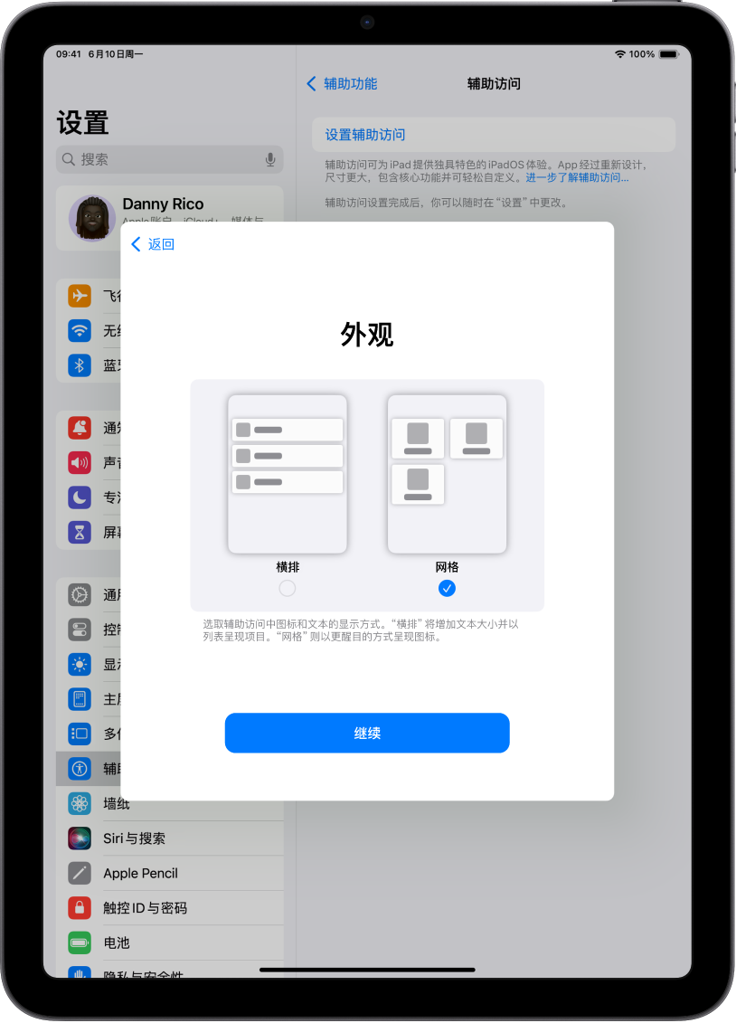 正在设置辅助访问的 iPad，选项用于将内容显示在易读列表中或者突出图像和图标的大网格中。