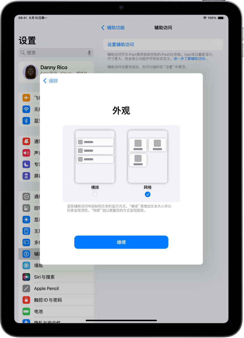 正在设置辅助访问的 iPad，选项用于将内容显示在易读列表中或者突出图像和图标的大网格中。