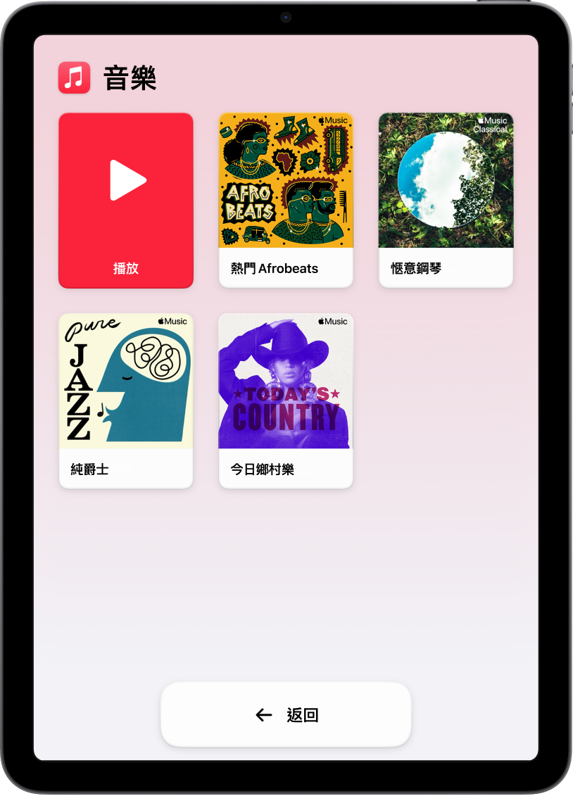 處於「輔助取用」的 iPad 已開啟「音樂」App。「播放」按鈕位於畫面左上方，而「返回」按鈕則位於底部。播放清單的大圖示佔滿畫面的剩餘位置。